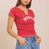 Women Daisy Street Tops-Jersey Notched Top With Porto Print