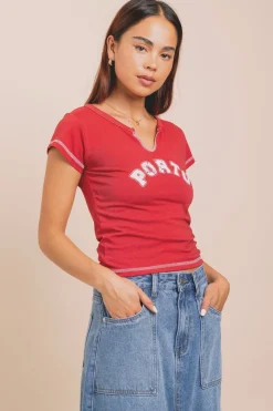 Women Daisy Street Tops-Jersey Notched Top With Porto Print
