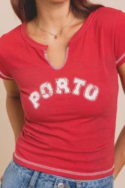 Women Daisy Street Tops-Jersey Notched Top With Porto Print
