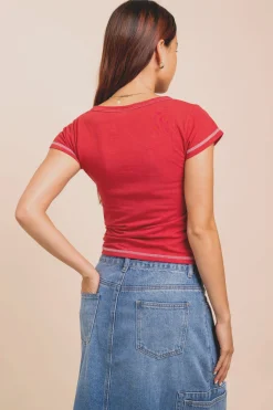 Women Daisy Street Tops-Jersey Notched Top With Porto Print