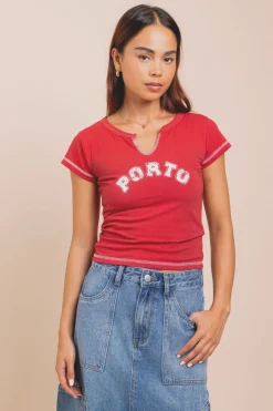 Women Daisy Street Tops-Jersey Notched Top With Porto Print