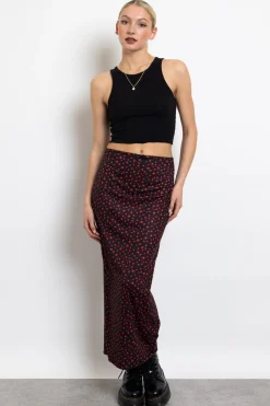 Women Daisy Street Skirts-Knitted Midi Skirt in Ditsy Red Floral