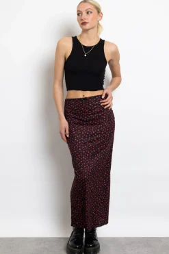 Women Daisy Street Skirts-Knitted Midi Skirt in Ditsy Red Floral