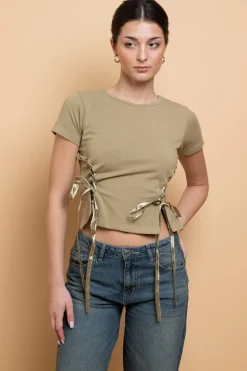 Women Daisy Street Tops | T-Shirts-Lace Up Detail Baby Tee