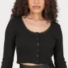 Women Daisy Street T-Shirts-Lettuce Hem Ribbed Crop Top