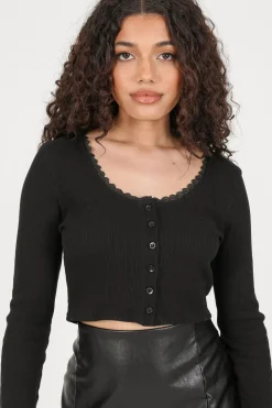 Women Daisy Street T-Shirts-Lettuce Hem Ribbed Crop Top