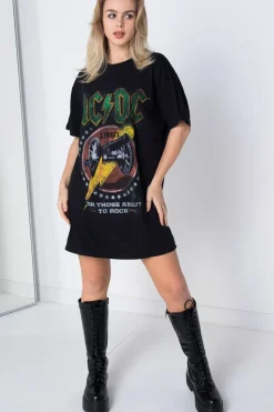 Women Daisy Street T-Shirts-Licensed ACDC 1981 'For Those About To Rock; T-Shirt Dress