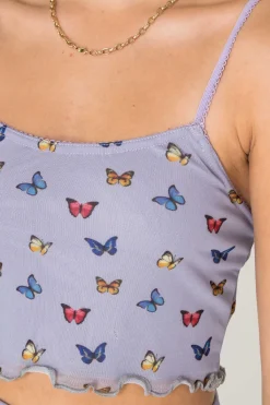 Women Daisy Street Tops-Mesh Cami Top in Butterfly Print