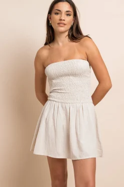 Women Daisy Street Dresses-Linen Bandeau Shirred Mini Dress
