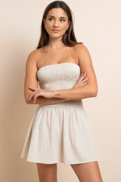Women Daisy Street Dresses-Linen Bandeau Shirred Mini Dress