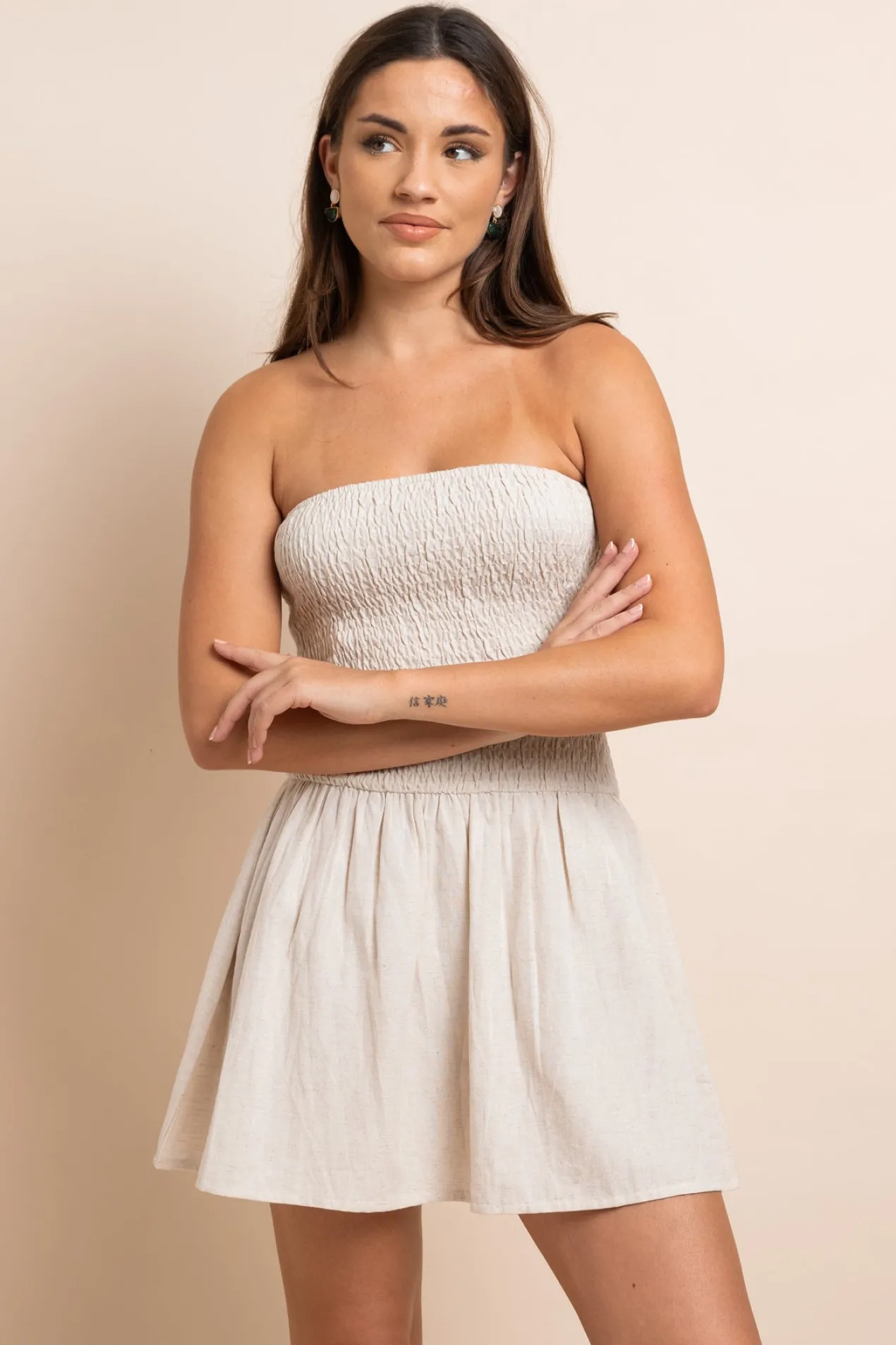 Women Daisy Street Dresses-Linen Bandeau Shirred Mini Dress