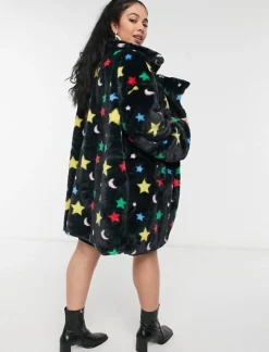 Women Daisy Street Jackets-Longline Fur Coat in Star and Moon Print
