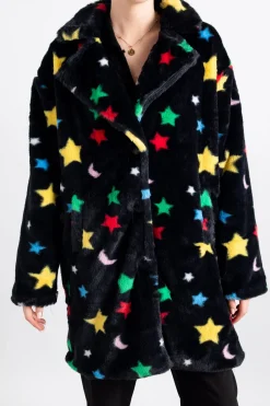 Women Daisy Street Jackets-Longline Fur Coat in Star and Moon Print