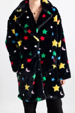 Women Daisy Street Jackets-Longline Fur Coat in Star and Moon Print