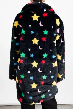 Women Daisy Street Jackets-Longline Fur Coat in Star and Moon Print