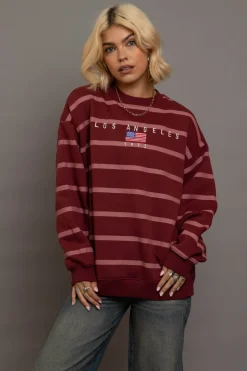 Women Daisy Street Hoodies & Sweatshirts-Stripe LA Embroidery Sweatshirt