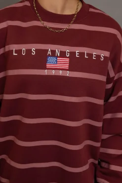 Women Daisy Street Hoodies & Sweatshirts-Stripe LA Embroidery Sweatshirt