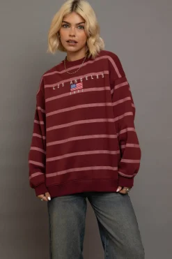 Women Daisy Street Hoodies & Sweatshirts-Stripe LA Embroidery Sweatshirt