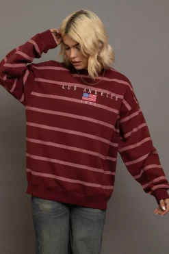 Women Daisy Street Hoodies & Sweatshirts-Stripe LA Embroidery Sweatshirt