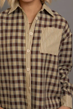 Women Daisy Street Tops-Oversized Check Shirt With Contrast Stripe Pockets