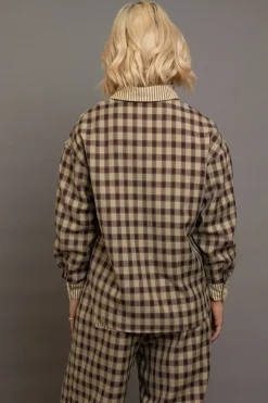Women Daisy Street Tops-Oversized Check Shirt With Contrast Stripe Pockets