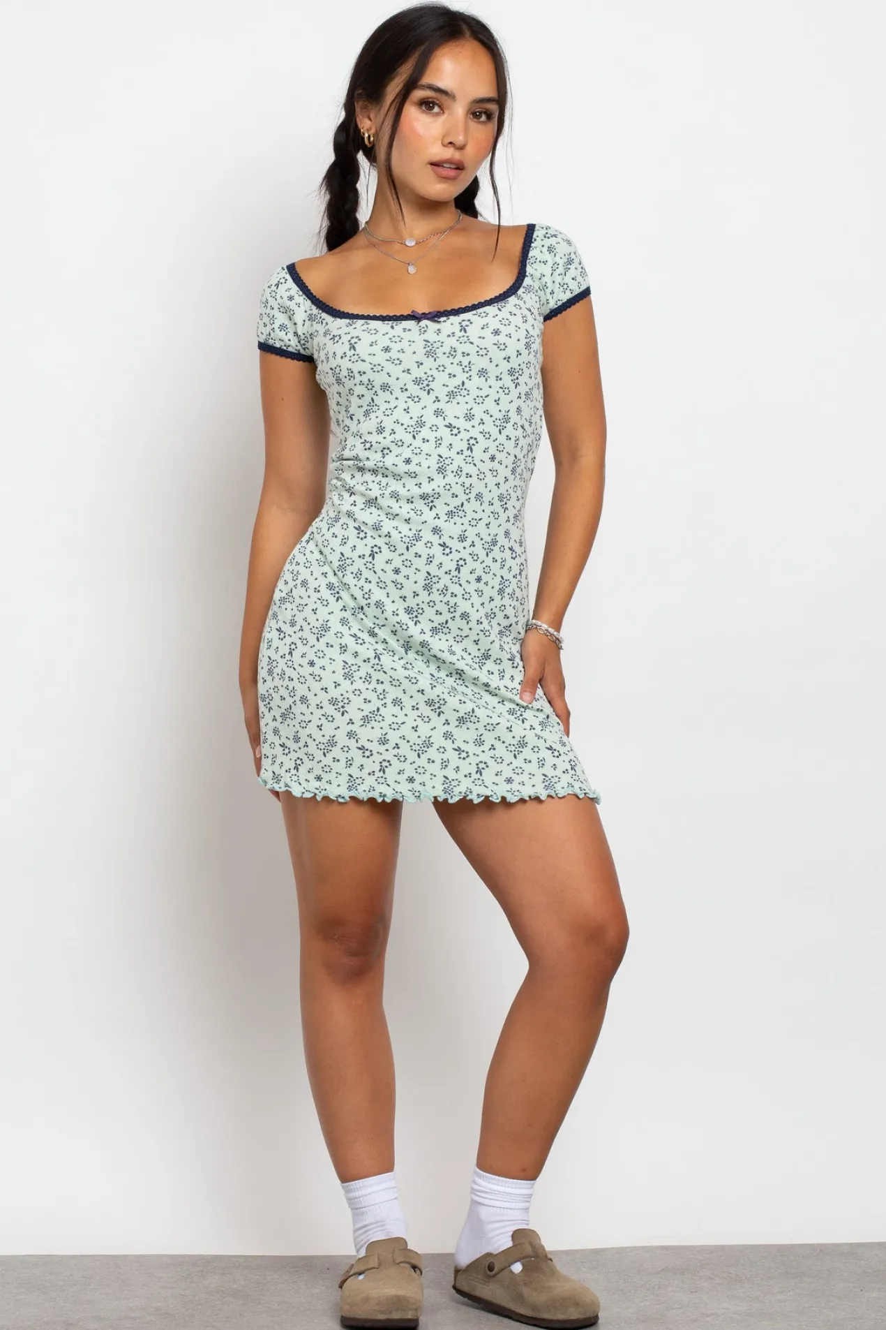 Women Daisy Street Dresses-Pointelle Ditsy Milkmaid Mini Dress