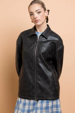 Women Daisy Street Jackets-PU Boxy Jacket With Los Angeles Applique