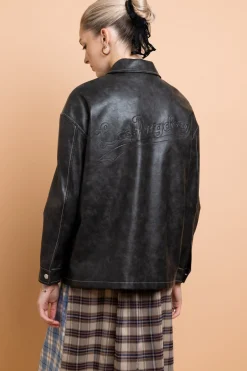 Women Daisy Street Jackets-PU Boxy Jacket With Los Angeles Applique
