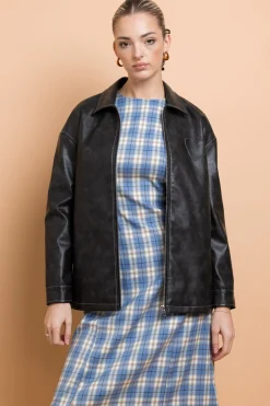 Women Daisy Street Jackets-PU Boxy Jacket With Los Angeles Applique