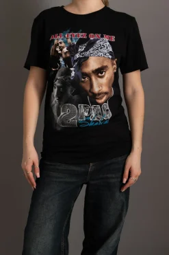 Women Daisy Street Band Tees | T-Shirts-Relaxed T-Shirt with Tupac "All Eyes On Me" Slogan