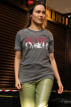 Women Daisy Street Band Tees-Relaxed T-Shirt with AC/DC Silhouette Print