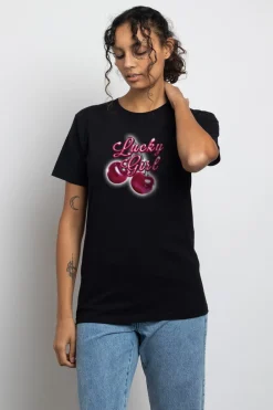 Women Daisy Street T-Shirts-Relaxed T-Shirt with Lucky Girl Print