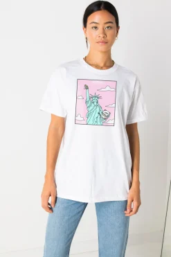Women Daisy Street T-Shirts-Relaxed T-Shirt with Pizza Statue Print