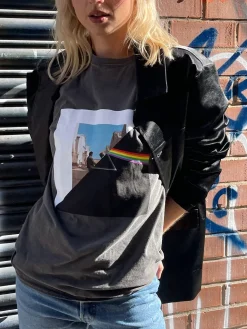 Women Daisy Street Band Tees | T-Shirts-Relaxed T-Shirt with Pink Floyd Print Split Graphic