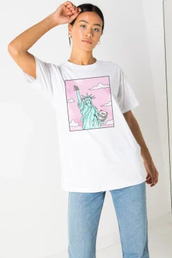 Women Daisy Street T-Shirts-Relaxed T-Shirt with Pizza Statue Print