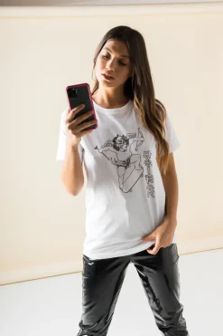 Women Daisy Street T-Shirts-Relaxed T-Shirt with Cherub on a Skateboard Print
