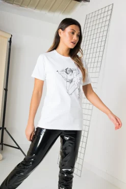 Women Daisy Street T-Shirts-Relaxed T-Shirt with Cherub on a Skateboard Print
