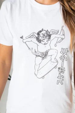 Women Daisy Street T-Shirts-Relaxed T-Shirt with Cherub on a Skateboard Print