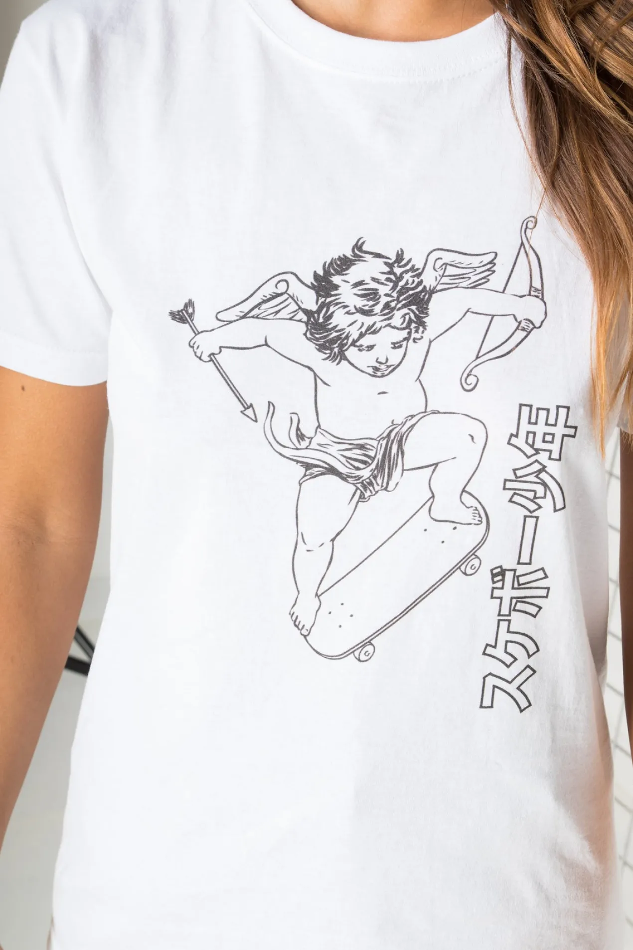 Women Daisy Street T-Shirts-Relaxed T-Shirt with Cherub on a Skateboard Print