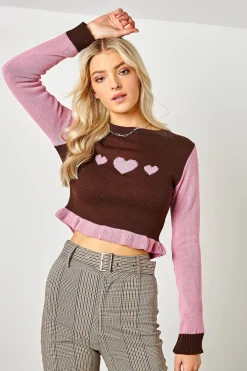 Women Daisy Street Tops-Rib Frill Jumper with Heart Graphic
