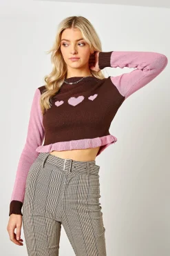 Women Daisy Street Tops-Rib Frill Jumper with Heart Graphic