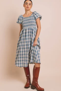 Women Daisy Street Dresses-Shirred Bodice Midi Dress In Check