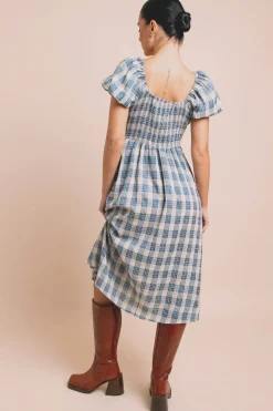 Women Daisy Street Dresses-Shirred Bodice Midi Dress In Check