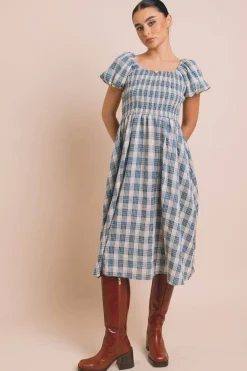 Women Daisy Street Dresses-Shirred Bodice Midi Dress In Check