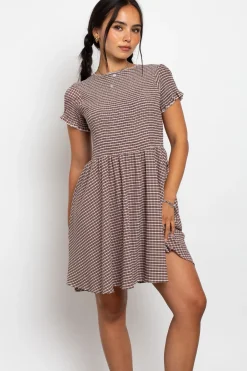 Women Daisy Street Dresses-Shirred Check Skater Mini Dress