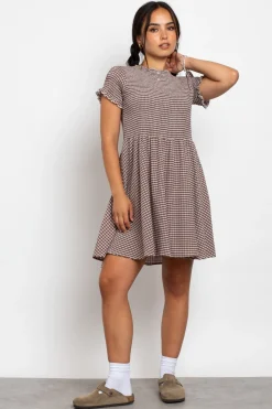 Women Daisy Street Dresses-Shirred Check Skater Mini Dress