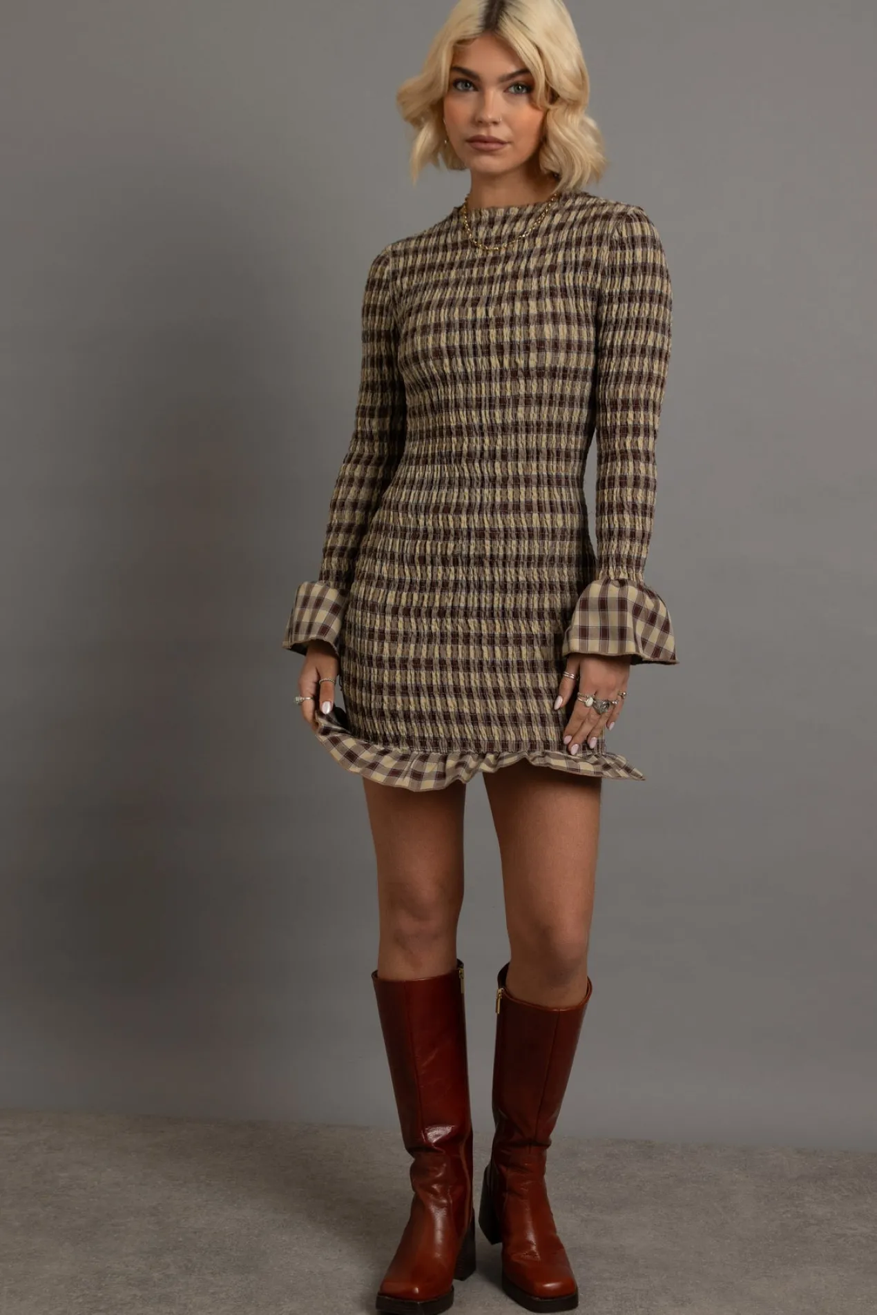 Women Daisy Street Partywear | Dresses-Shirred Long Sleeve Mini Dress