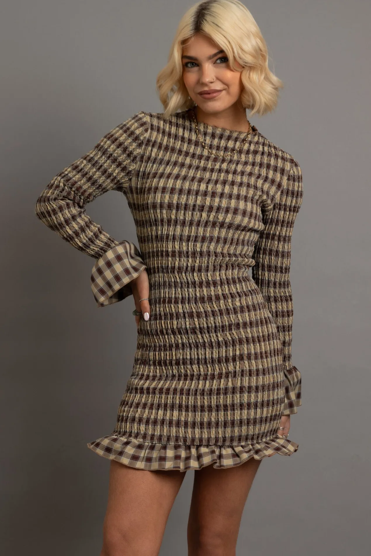 Women Daisy Street Partywear | Dresses-Shirred Long Sleeve Mini Dress