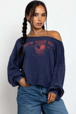Women Daisy Street Tops | Hoodies & Sweatshirts-Slashed Neck Sweat With New York City Graphic
