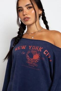 Women Daisy Street Tops | Hoodies & Sweatshirts-Slashed Neck Sweat With New York City Graphic